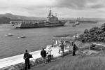 HMS HERMES R12 passing laid up HMS EAGLE R05, Hamoaze, 25th May 1977.